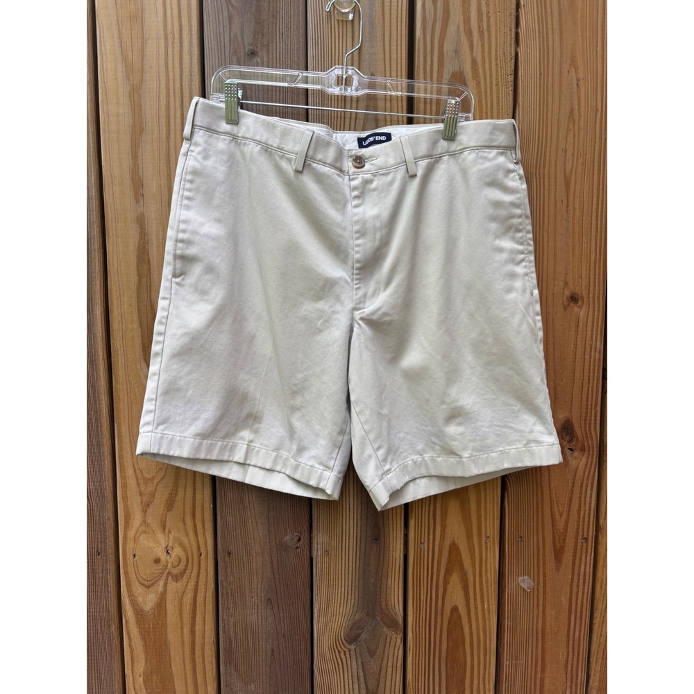 Lands End Mens 36 Traditional Fit Chino Shorts Khaki Beige Cotton Twill 9 Inseam